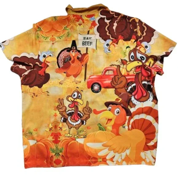 Turkey Thanksgiving Colorful Button Short Sleeve Shirt Men's Size 4XL Funny - Picture 2 of 6